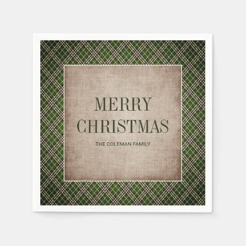 Merry Christmas Rustic Green Buffalo Plaid Burlap Napkins