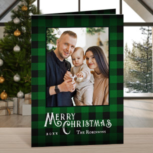 Merry Christmas Rustic Green Buffalo Plaid Photo Holiday Card