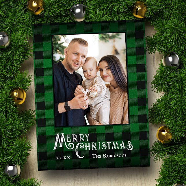 Merry Christmas Rustic Green Buffalo Plaid Photo Holiday Postcard (Creator Uploaded)