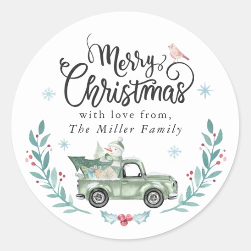 Merry Christmas Rustic Green Truck Winter Floral Classic Round Sticker