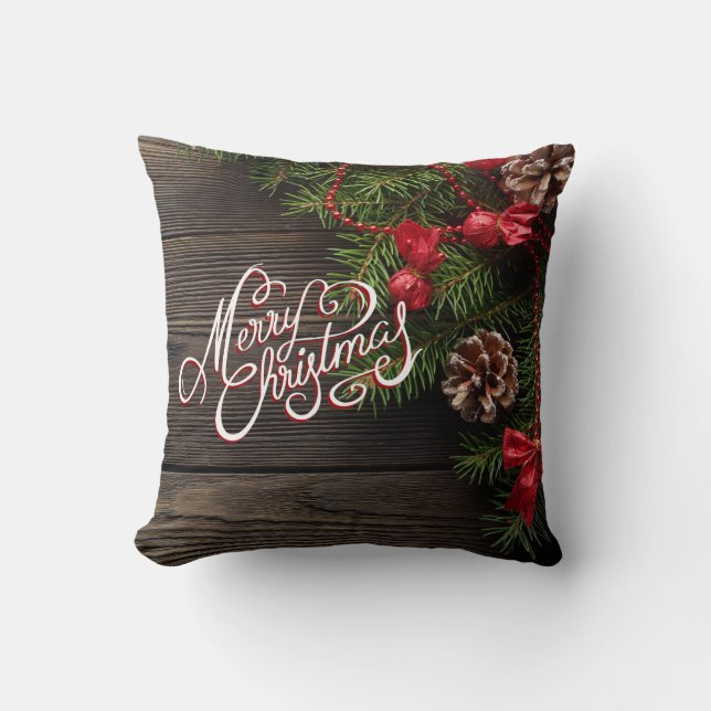 Merry Christmas Rustic Holiday Wood Garland Throw Pillow (Front)