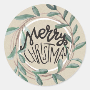 Merry Christmas Rustic Kraft Botanical Leaf Wreath Classic Round Sticker