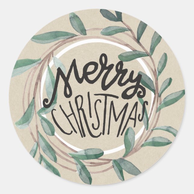 Merry Christmas Rustic Kraft Botanical Leaf Wreath Classic Round Sticker (Front)