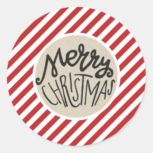 Merry Christmas Rustic Kraft Red White Stripes Classic Round Sticker