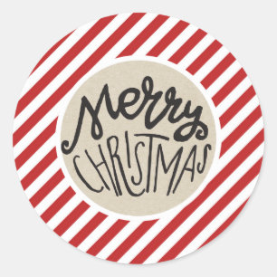 Merry Christmas Rustic Kraft Red White Stripes Classic Round Sticker