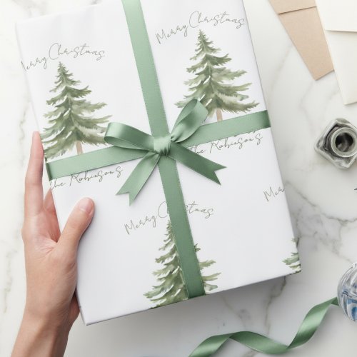 Merry Christmas Rustic Minimalist Tree Family Name Wrapping Paper