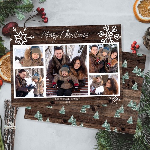 Merry Christmas Rustic Photo Collage Family Holiday Card