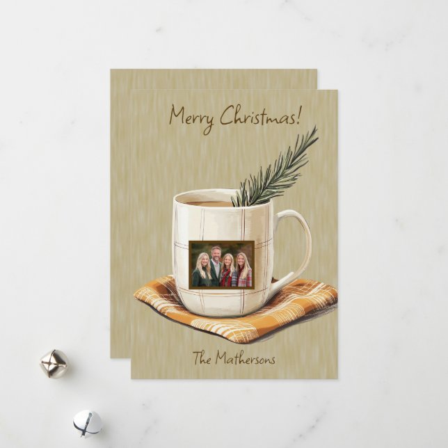 Merry Christmas Rustic Photo Mug Flat Holiday Card (Front/Back In Situ)