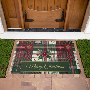 Merry Christmas Rustic Plaid Pattern Doormat