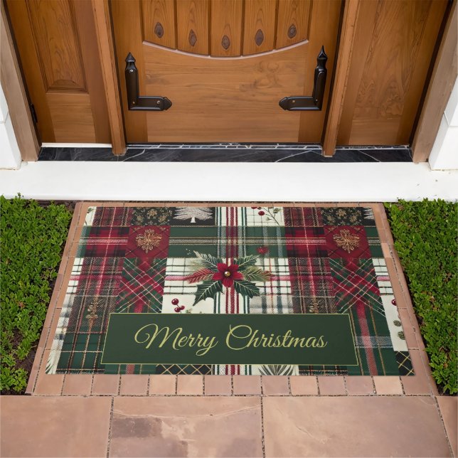 Merry Christmas Rustic Plaid Pattern Doormat (Outdoor)