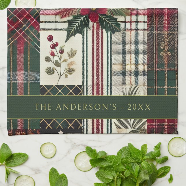 Merry Christmas Rustic Plaid Pattern Kitchen Towel (Folded)