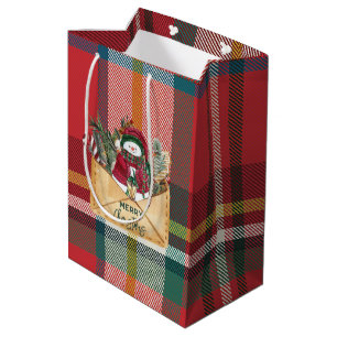 Merry Christmas Rustic Plaid Red and Green Medium Gift Bag