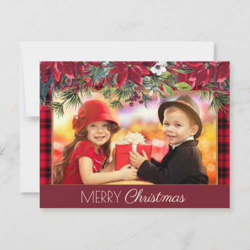 Merry Christmas Rustic Plaid Red Poinsettias Photo Holiday Card