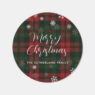 Merry Christmas Rustic Plaid Script Custom Classic Round Sticker