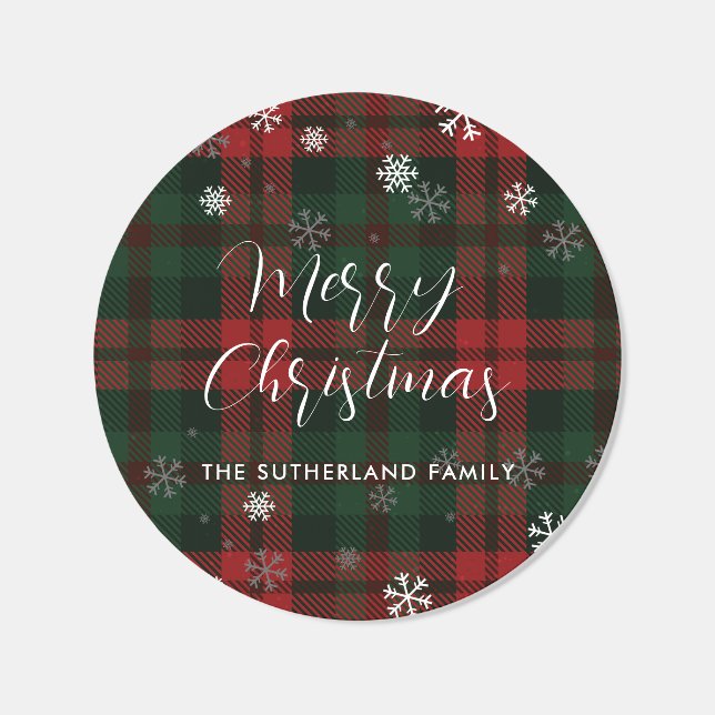 Merry Christmas Rustic Plaid Script Custom Classic Round Sticker (Single)