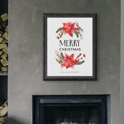 Merry Christmas Rustic Poinsettia Greenery Poster