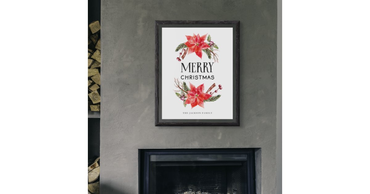 Merry Christmas Rustic Poinsettia Greenery Poster | Zazzle