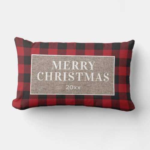 Merry Christmas Rustic Red Buffalo Plaid Burlap Lumbar Pillow