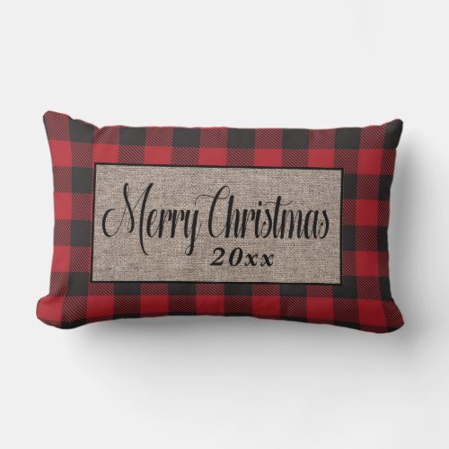 Merry Christmas Rustic Red Buffalo Plaid Burlap Lumbar Pillow