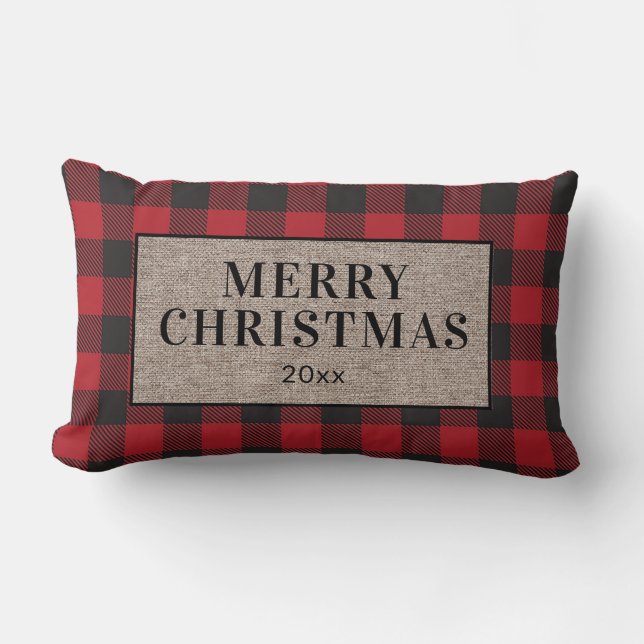 Merry Christmas Rustic Red Buffalo Plaid Burlap Lumbar Pillow (Front)