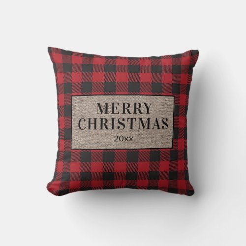 Merry Christmas Rustic Red Buffalo Plaid Burlap Throw Pillow