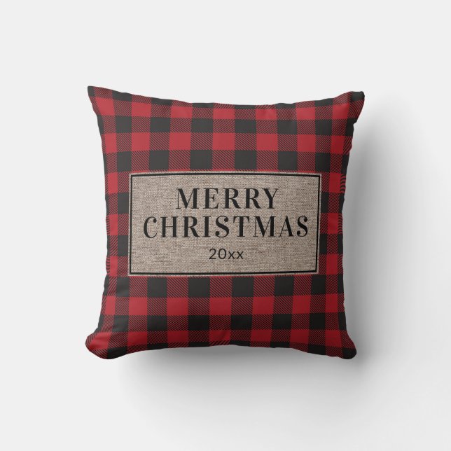 Merry Christmas Rustic Red Buffalo Plaid Burlap Throw Pillow (Front)