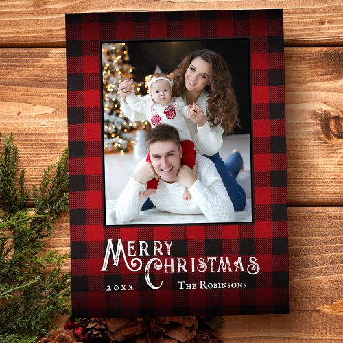 Merry Christmas Rustic Red Buffalo Plaid Photo Holiday Card