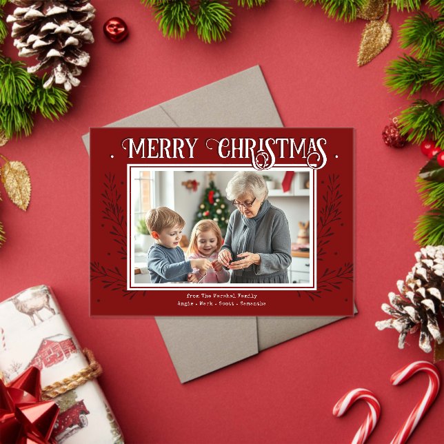 Merry Christmas Rustic Red Family Photo Acrylic Invitations (Insitu (Holiday))