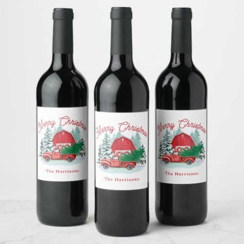  Merry Christmas Rustic Red Farm Truck White Wine Label