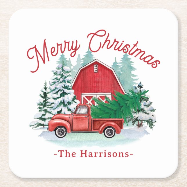  Merry Christmas Rustic Red Farmhouse Truck White Square Paper Coaster (Front)