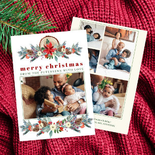 Merry Christmas rustic red floral family collage Holiday Card