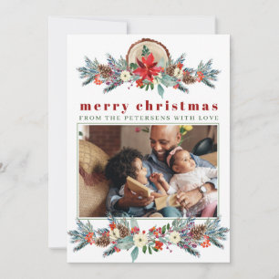 Merry Christmas rustic red floral family photo Holiday Card