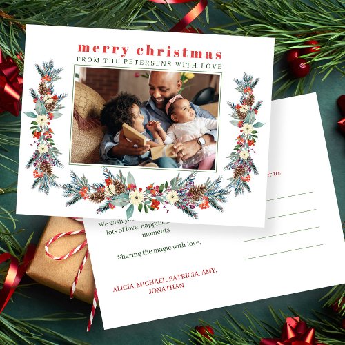 Merry Christmas rustic red floral family photo Holiday Postcard