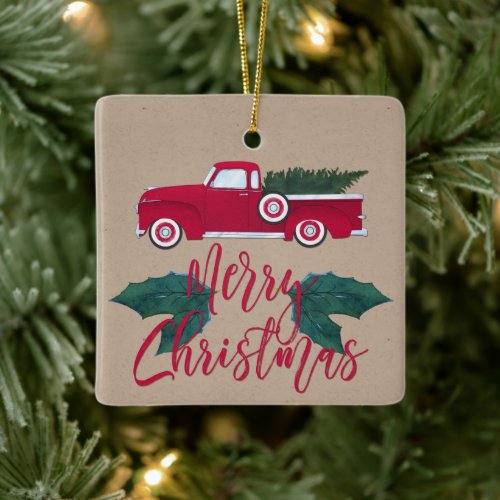 Merry Christmas Rustic Red Green Truck Leaves Ceramic Ornament