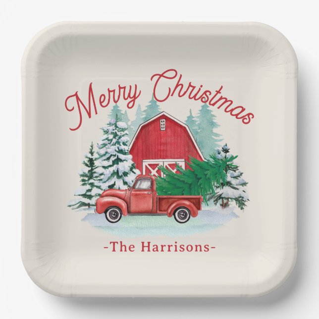 Merry Christmas Rustic Red Truck Ecru Paper Plates (Front)