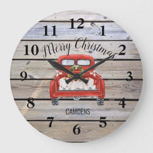 Merry Christmas Rustic Red Truck Family Name  Large Clock