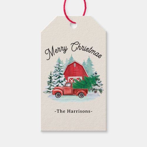  Merry Christmas Rustic Red Truck Farmhouse Ecru Gift Tags