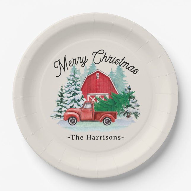  Merry Christmas Rustic Red Truck Farmhouse Round Paper Plates (Front)