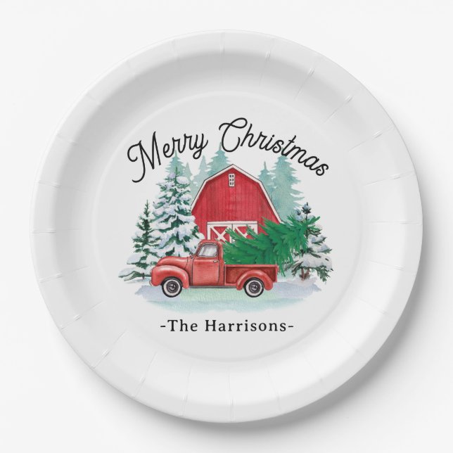  Merry Christmas Rustic Red Truck Farmhouse White Paper Plates (Front)