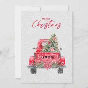 Merry Christmas Rustic Red Truck Flat Holiday Card