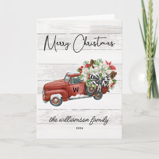 Merry Christmas Rustic Red Vintage Truck Holiday  Card (Front)