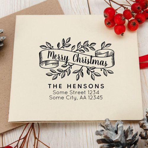 Merry Christmas Rustic Ribbon Family Address Rubber Stamp