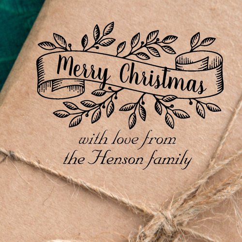Merry Christmas Rustic Ribbon Family Greeting Rubber Stamp