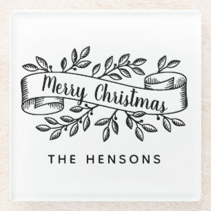 Merry Christmas Rustic Ribbon Family Name Glass Coaster