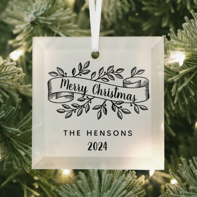 Merry Christmas Rustic Ribbon Family Name Glass Ornament (Insitu)