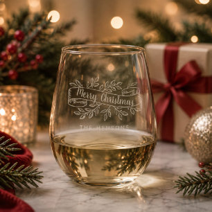 Merry Christmas Rustic Ribbon Family Name Stemless Wine Glass