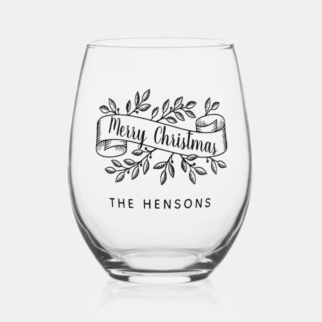 Merry Christmas Rustic Ribbon Family Name Stemless Wine Glass (Back)