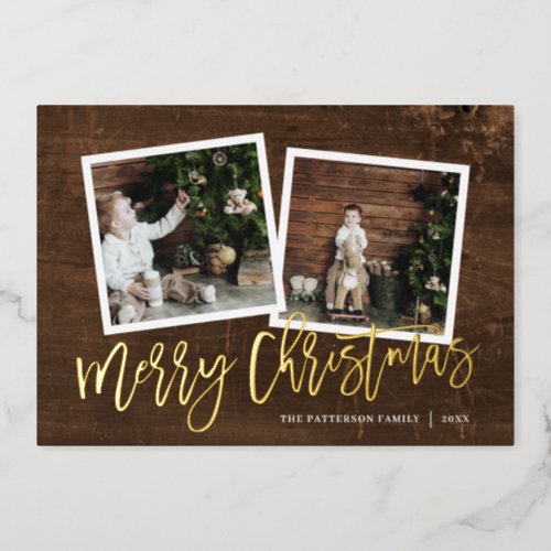 Merry Christmas Rustic Script 2 Photo Gold Foil Holiday Card
