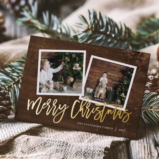 Merry Christmas Rustic Script 2 Photo Gold Foil Holiday Card (Creator Uploaded)