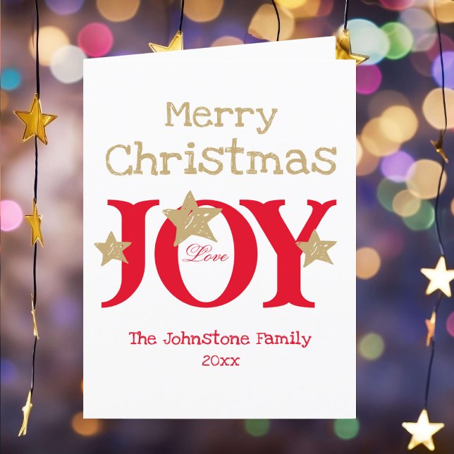Merry Christmas Rustic Script Folded Holiday Card (Deliver a bit of Joy! Customize these cheerful gold, red and white Christmas cards as you desire.)